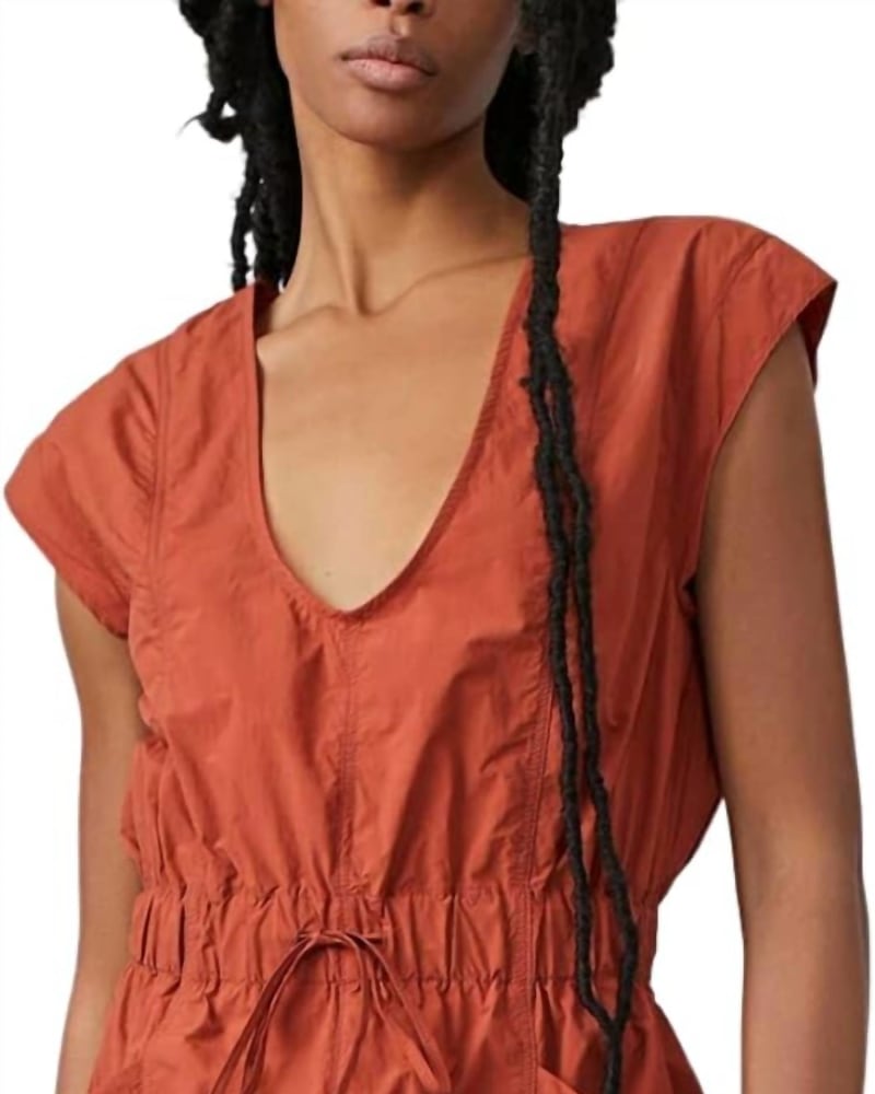 Front of a model wearing a size L Fly By Night Onesie in Red Earth in Red Earth by Free People. | dia_product_style_image_id:363345
